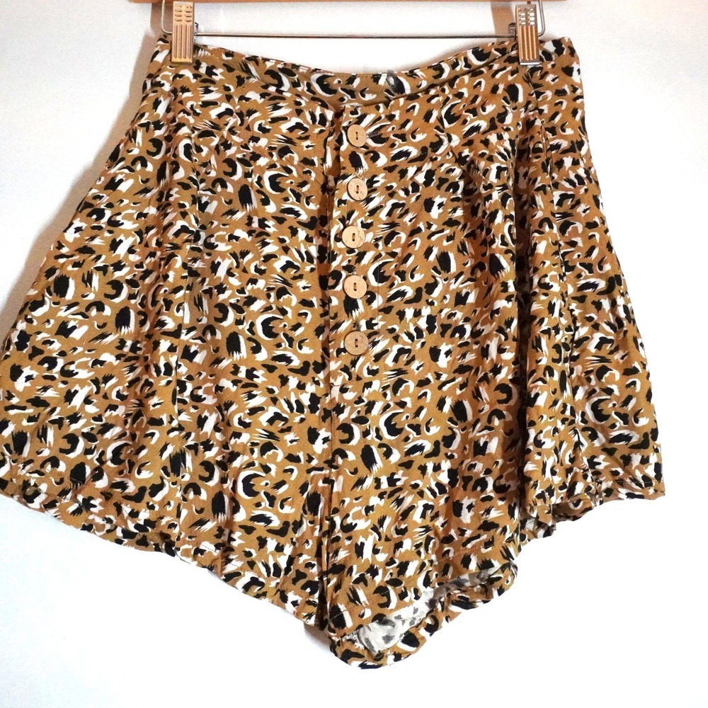 VTG‎ Rusty Leopard Print High Waisted Flared Shorts M Hot Pants Summer Festival